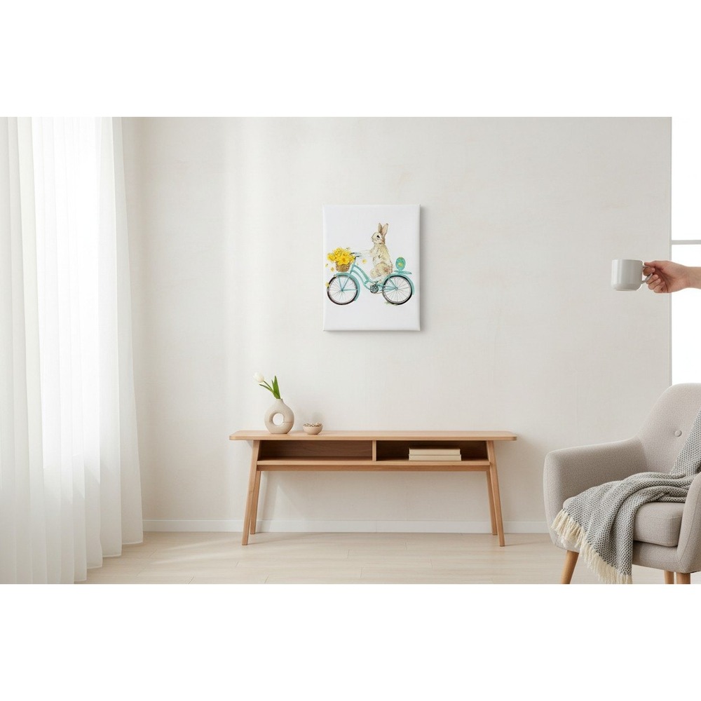 Kathryn White Bunny on Bicycle Canvas Art 6x8 Teal Easter Spring Brand New